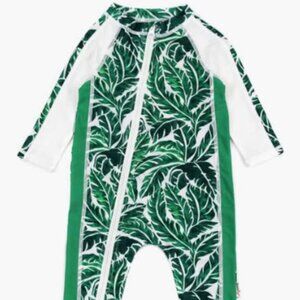SwimZip Long Sleeve Sunsuit Romper in a Palm Leaf pattern, featuring UV 50+